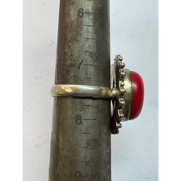 Vintage Estate Sterling Silver 925 Red Cabochon Ring Size 7.5 Beaded Frame - Picture 7 of 8